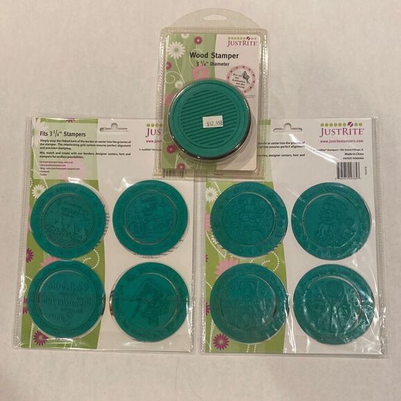 JustRite Wood Stamper 3 1/4” Round w 2 Stamp Sets Christmas Borders & Centers - Picture 1 of 7